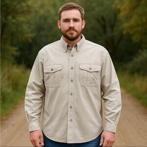 Orvis Buzz Off Men’s Shirt XXL Beige Button-Down Cargo Pockets Outdoors Classic